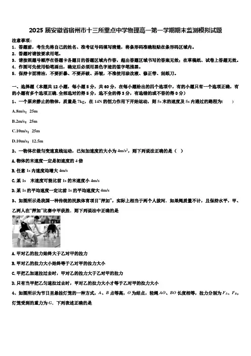 2025届安徽省宿州市十三所重点中学物理高一第一学期期末监测模拟试题含解析