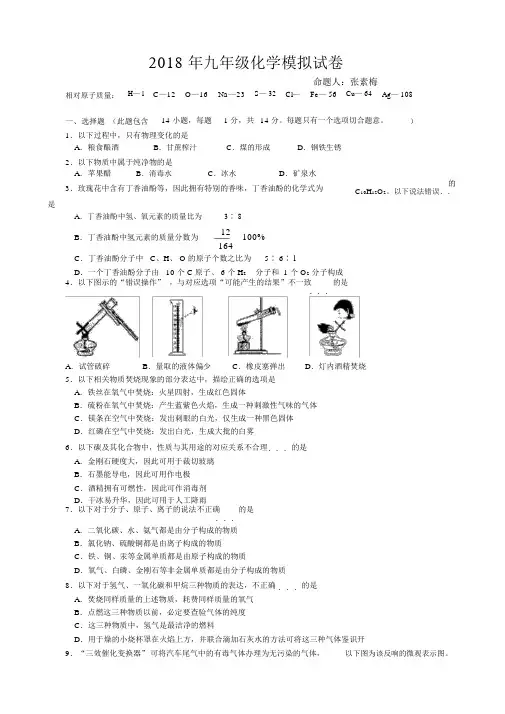 2018年九年级化学模拟试卷及答案(精心编排版)