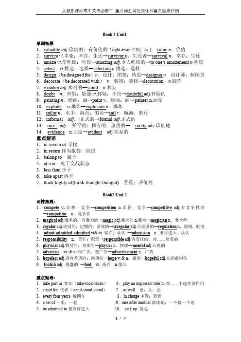 人教新课标高中英语必修二 重点词汇词性变化和重点短语归纳