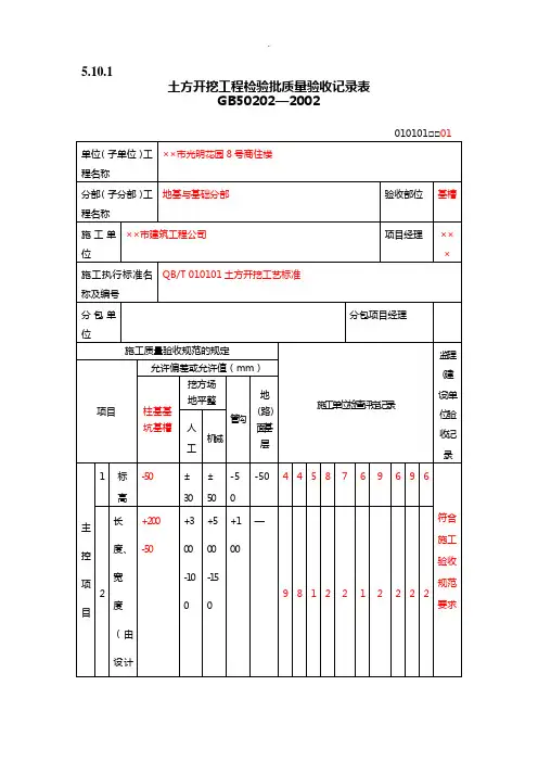 土方开挖工程检验批填写范例