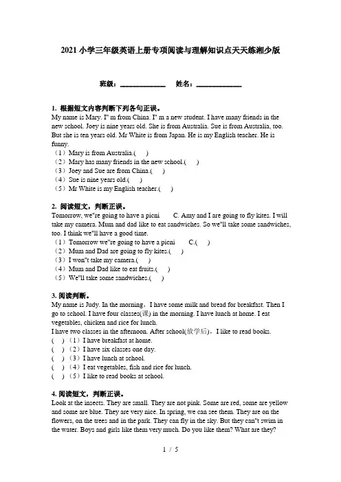 2021小学三年级英语上册专项阅读与理解知识点天天练湘少版