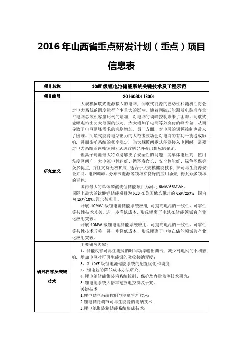 2016年度山西省重点研发计划(重点)项目信息表