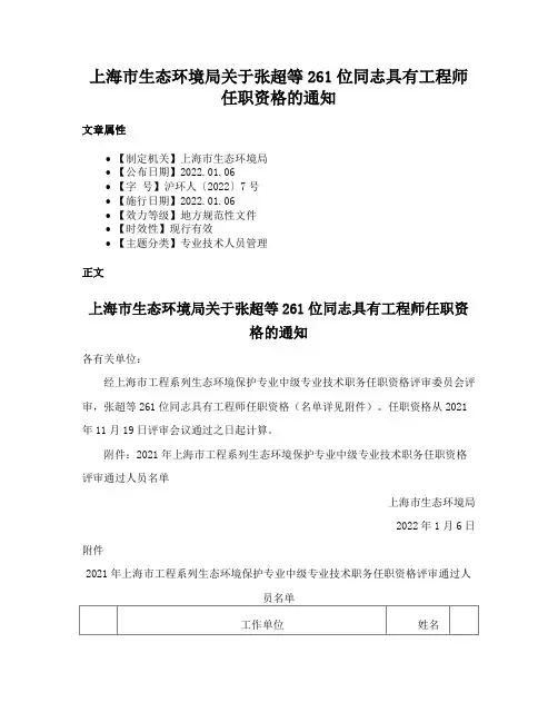 上海市生态环境局关于张超等261位同志具有工程师任职资格的通知