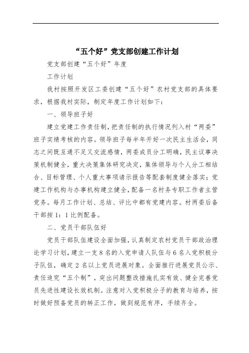 “五个好”党支部创建工作计划