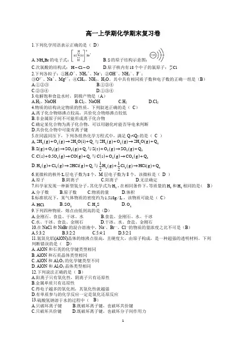 上海市高一上学期第一学期化学期末考试,期末复习,期末试题