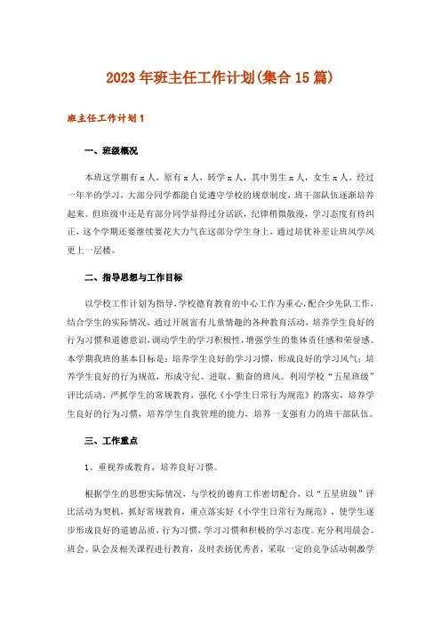 2023年班主任工作计划(集合15篇)