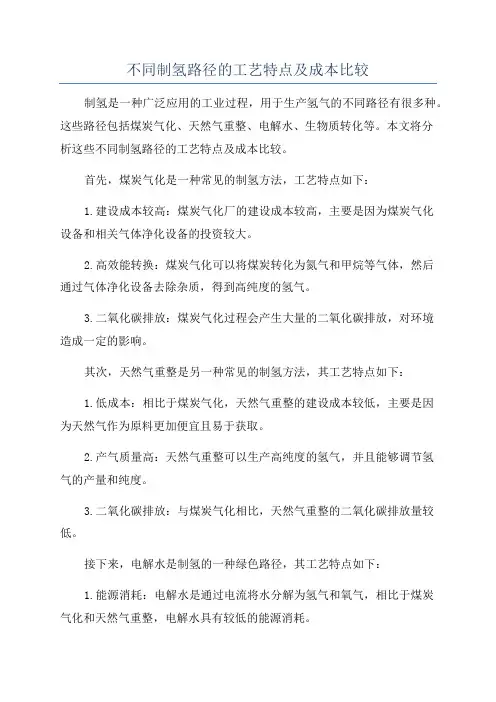 不同制氢路径的工艺特点及成本比较