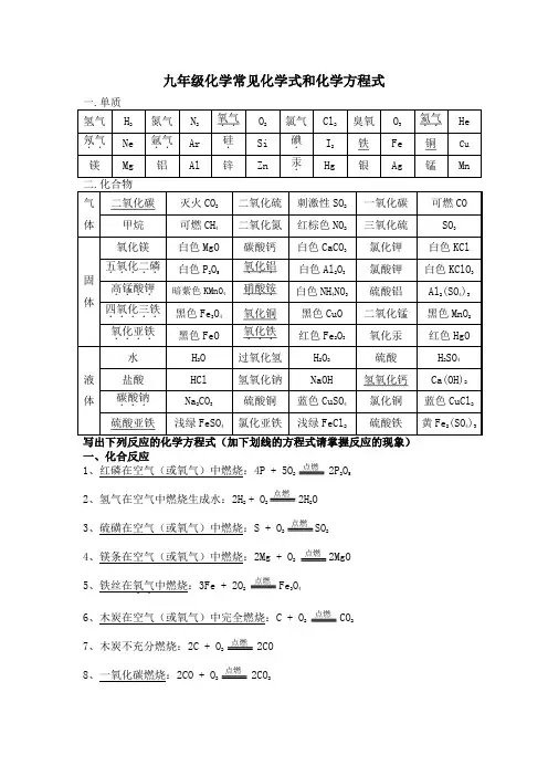 化学常见化学式和化学方程式