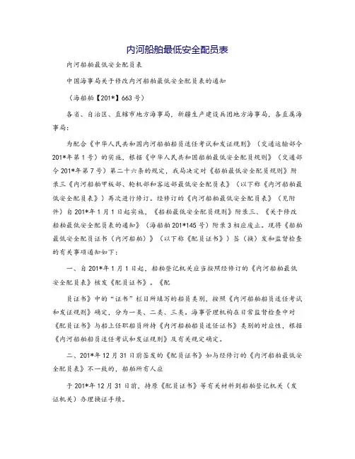 内河船舶最低安全配员表