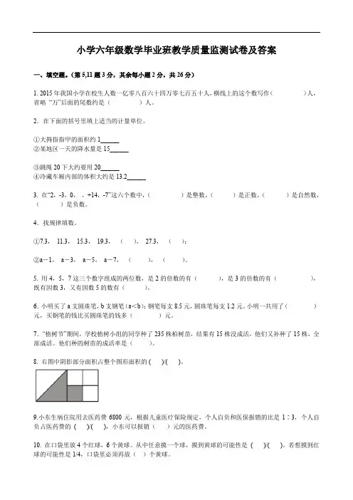 小学六年级数学毕业班教学质量监测试卷及答案
