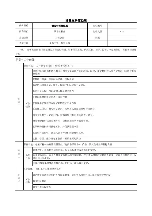 设备材料部经理岗位说明书