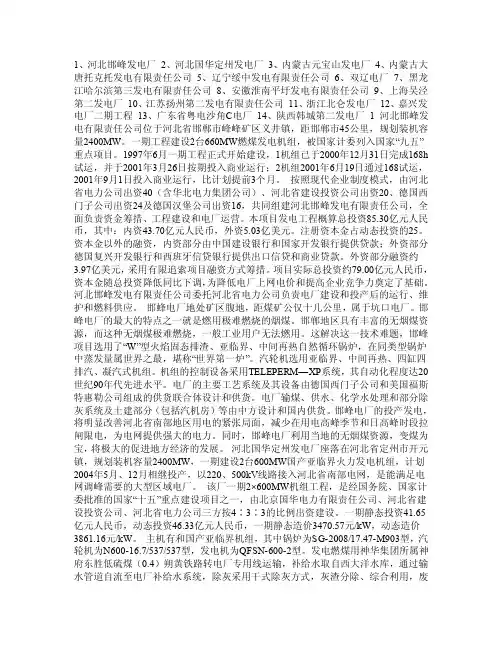 国内600MW以上电厂情况简介