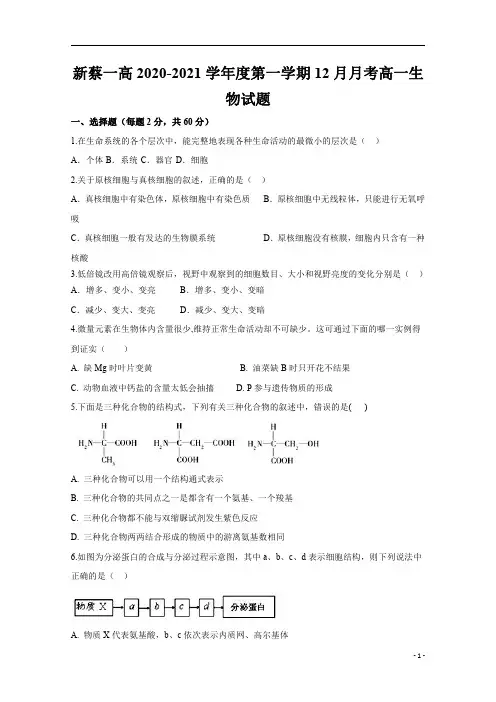河南省驻马店市新蔡第一高级中学2020-2021学年高一上学期12月月考生物试题 含答案
