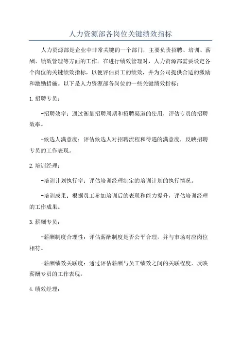 人力资源部各岗位关键绩效指标