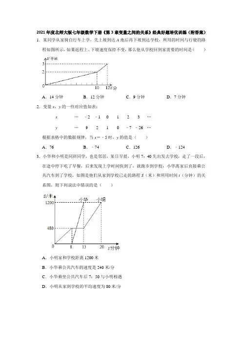 2020-2021学年北师大版七年级数学下册《第3章变量之间的关系》经典好题培优训练(附答案)
