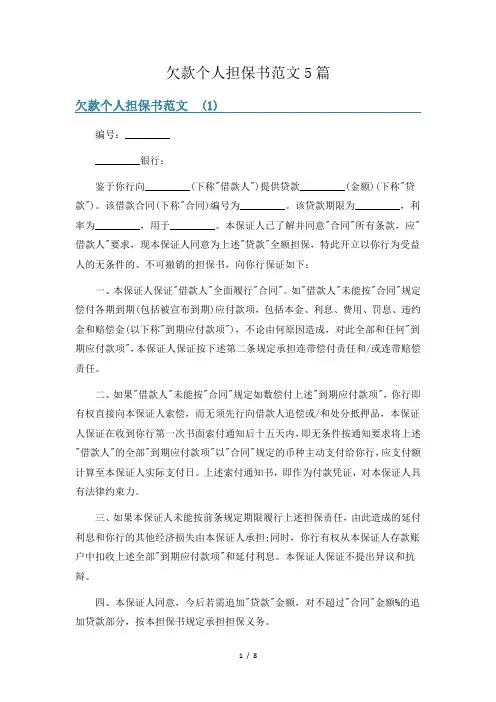 欠款个人担保书范文5篇