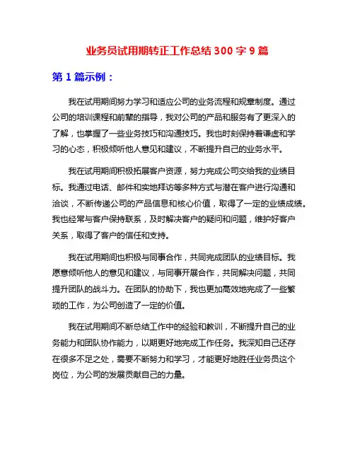 业务员试用期转正工作总结300字9篇