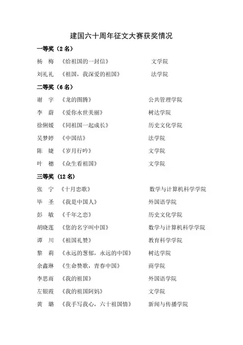 建国六十周年征文大赛获奖情况