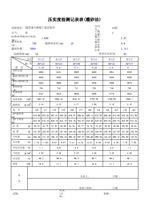 公路路基灌砂法压实度试验资料自动计算程序表格excel