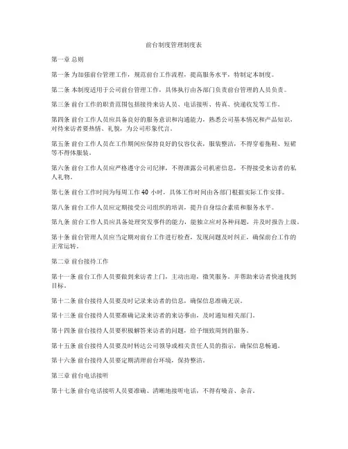 前台制度管理制度表