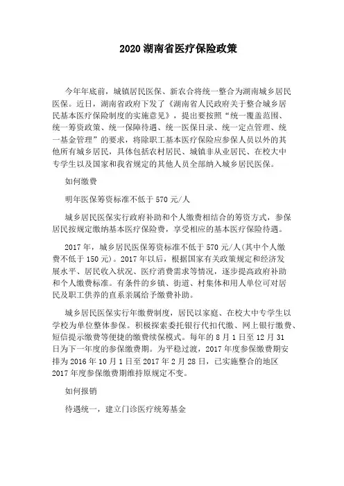 2020湖南省医疗保险政策