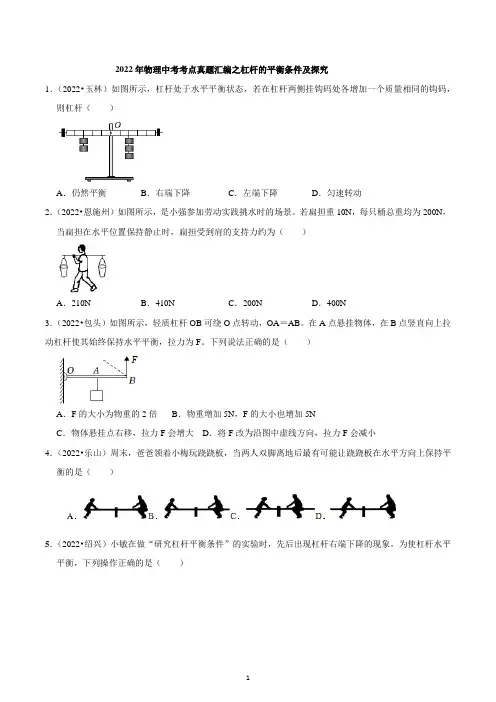 2022年物理中考考点真题汇编之杠杆的平衡条件及探究