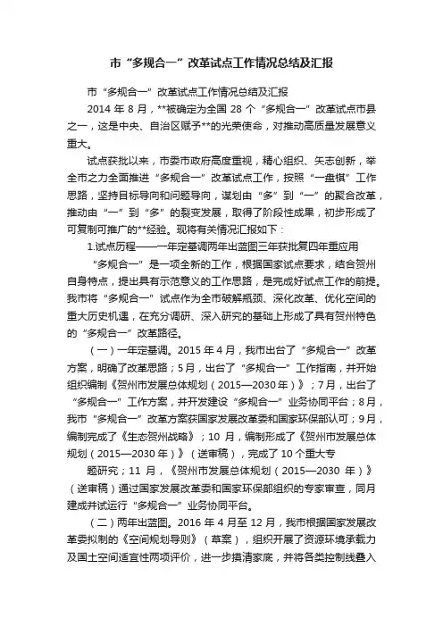 市“多规合一”改革试点工作情况总结及汇报