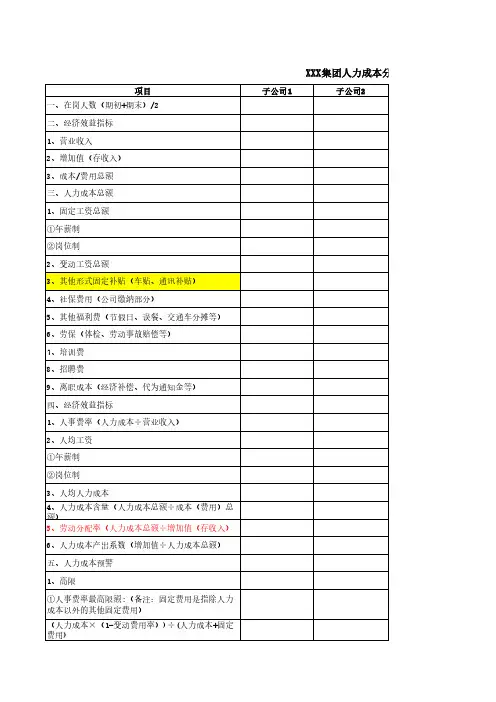 【表格】集团人力成本分析表