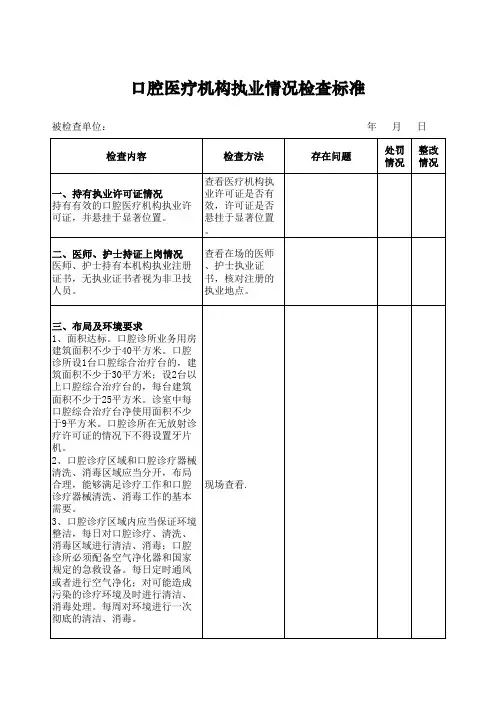 口腔医疗机构执业情况检查标准