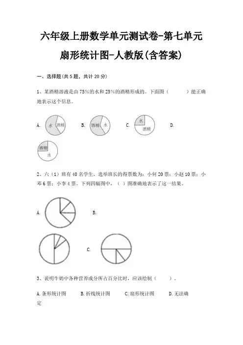 六年级上册数学单元测试卷-第七单元 扇形统计图-人教版(含答案)