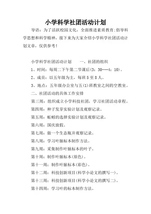 小学科学社团活动计划