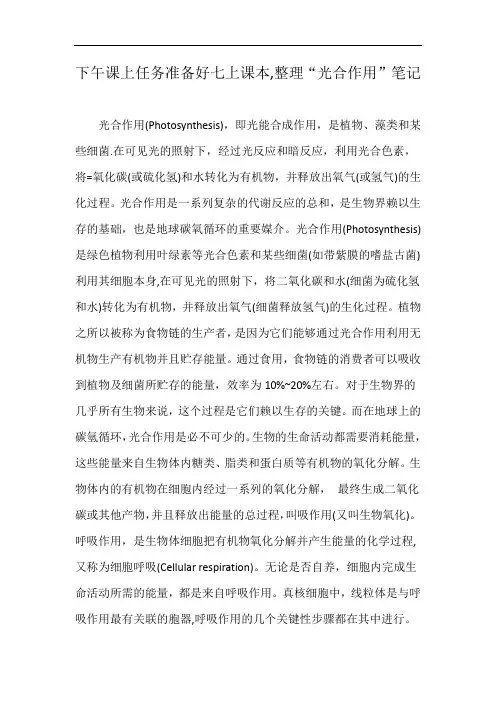 下午课上任务准备好七上课本,整理“光合作用”笔记