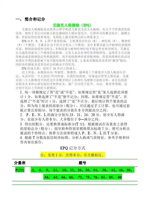 艾森克人格测验分量表计分