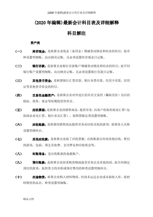 (2020年编辑)最新会计科目表及详细解释