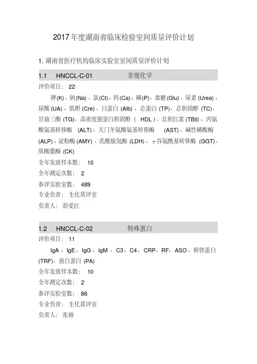 2017年度湖南省临床检验室间质量评价计划