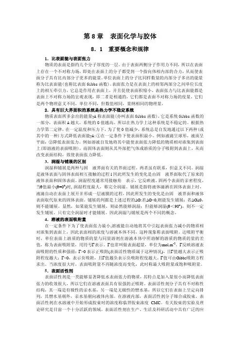 物理化学各章概念总结、公式总结电子版1  表面化学与胶体