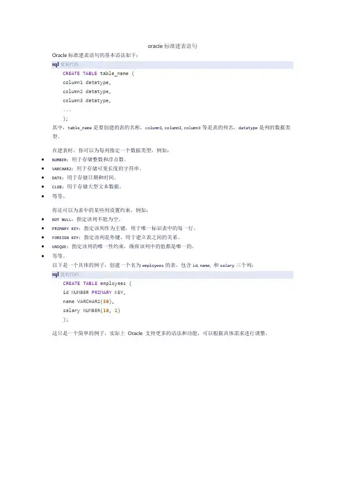 oracle标准建表语句