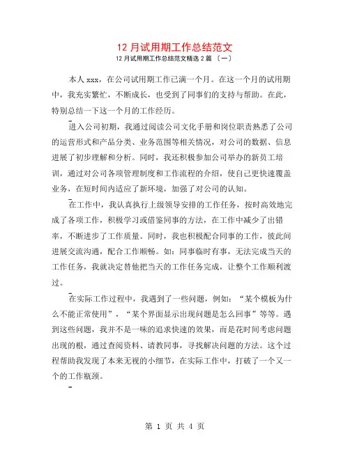 12月试用期工作总结范文2篇