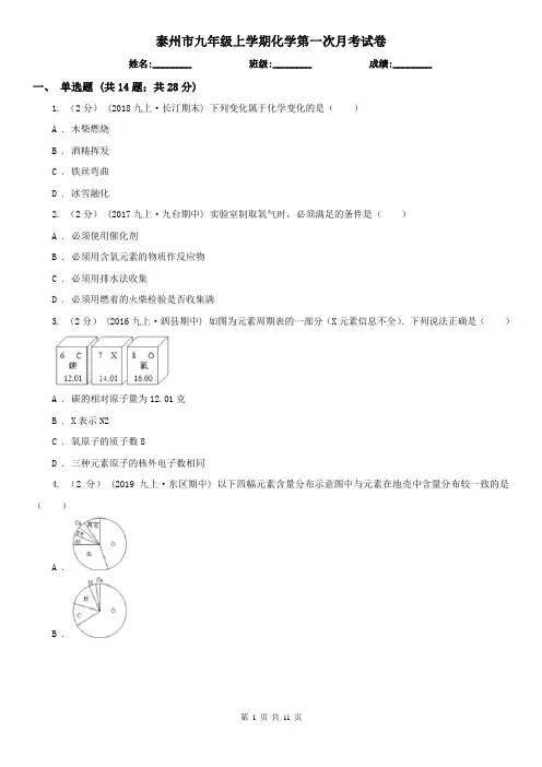 泰州市九年级上学期化学第一次月考试卷