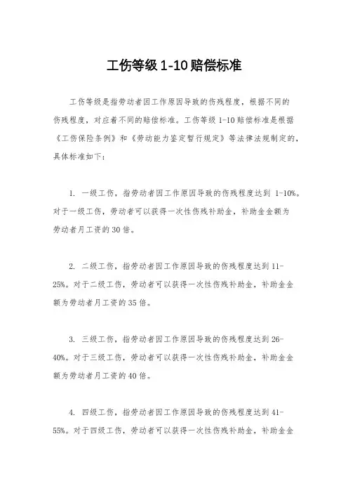 工伤等级1-10赔偿标准