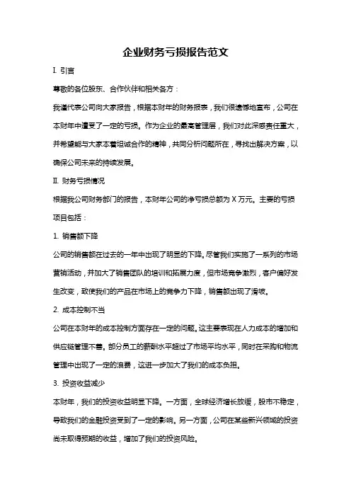 企业财务亏损报告范文