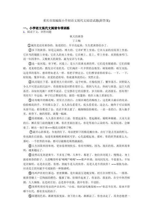 重庆市部编版小升初语文现代文阅读试题(附答案)