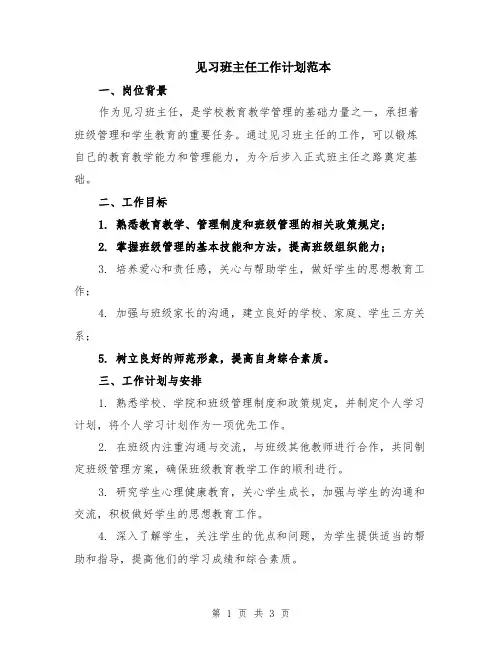 见习班主任工作计划范本