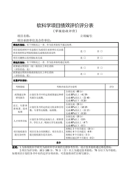软科学项目绩效评价评分表