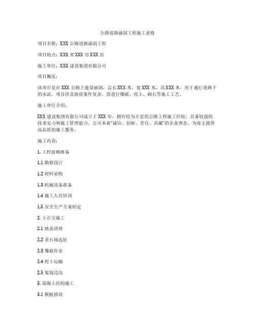 公路道路涵洞工程施工表格