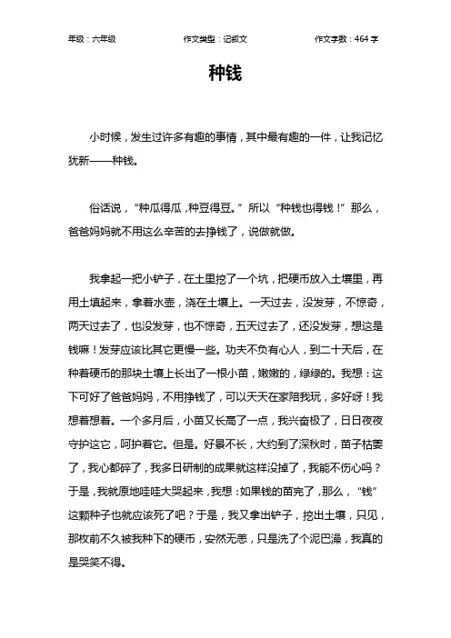 种钱作文【小学六年级500字】