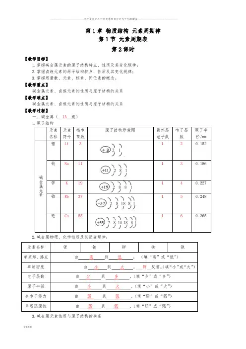 人教版必修2 第1章第1节 元素周期表(第2课时) 教案