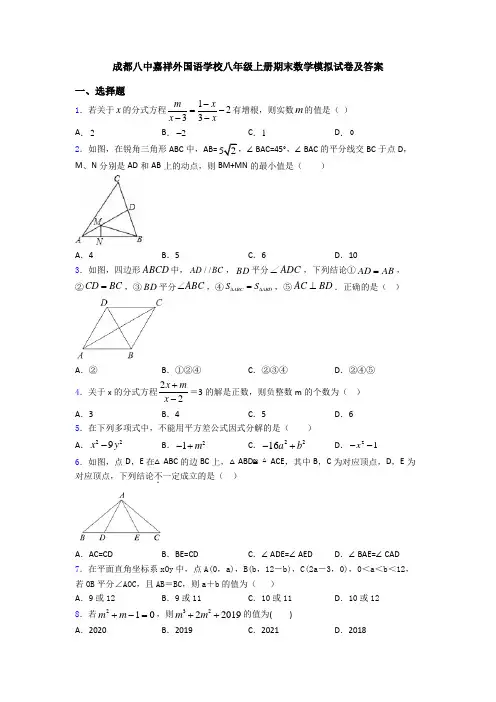 成都八中嘉祥外国语学校八年级上册期末数学模拟试卷及答案