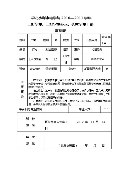 优秀班干部,三好学生审批表