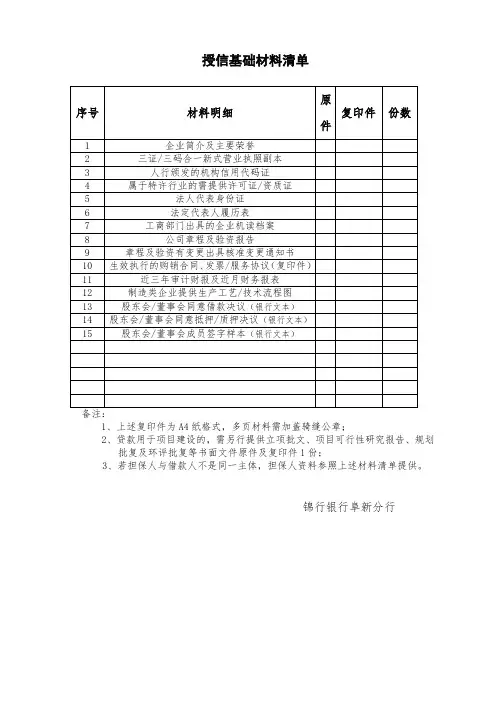 授信基础材料清单